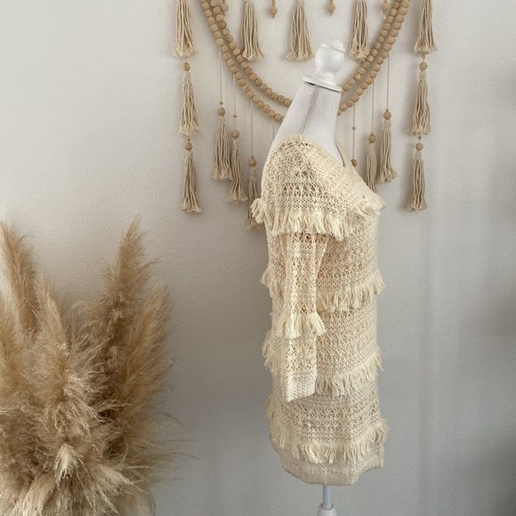 Volcom cream crochet mini dress tiered fringe low back cocoknit vacation medium - Picture 11 of 16